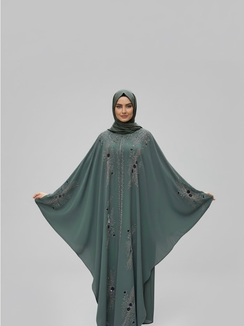 Embroidered Modest Maxi Dress in Sage Green - Brand: